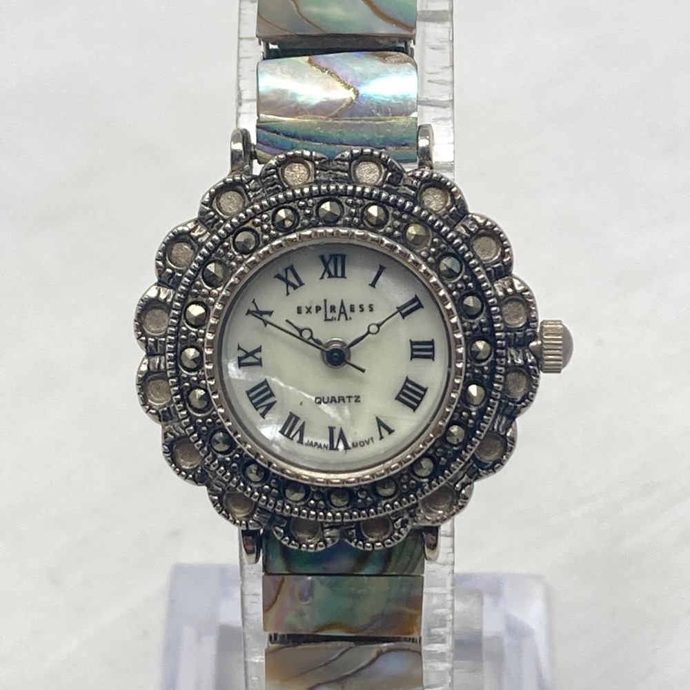 LA Express Womens Marcasite Watch 26mm Silver Tone Abalone Band New Battery 6"
